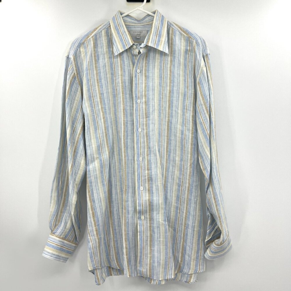 Figaret Sport 100% Linen Blue Beige Striped Button Down Tunic Blouse T4 Women XL